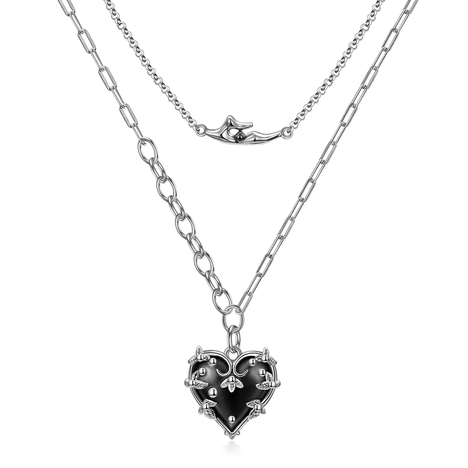 YFN Witch Heart Pendant Necklace 925 Sterling Silver Layered Necklace Gothic Jewelry Gift for Women