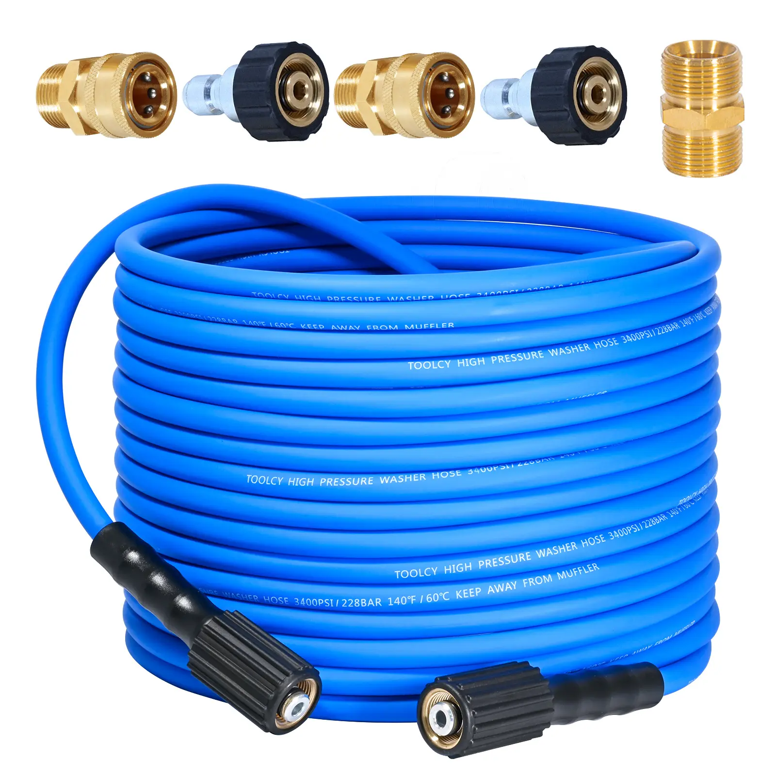 TOOLCY Super Flexible Pressure Washer Hose, 3400 PSI Kink Resistant Power Washer Hose 1/4 in, Replacement Power Wash Hose with M22 and 3/8" Quick Connection Kit for Gas & Electric