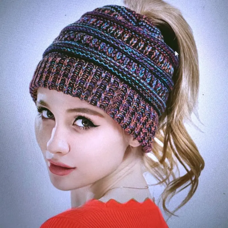 Mixed Color Knitted Wool Hat Ladies Non-labeled Ponytail Hat