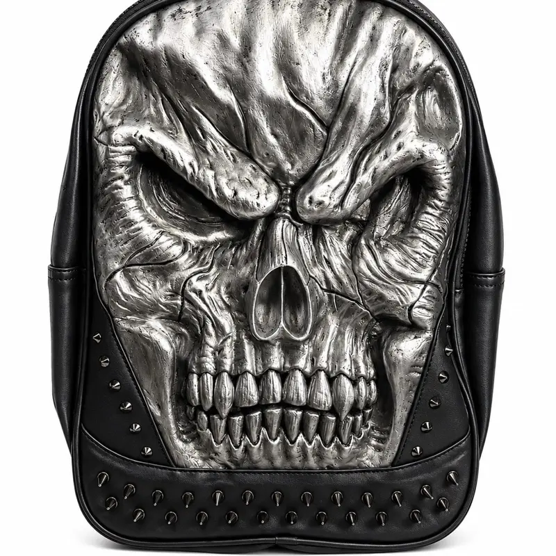Gothic Punk Rock Backpack with a 3D Silver Skull Graphic, Studded Daypack for School and Travel, Backpacks For School