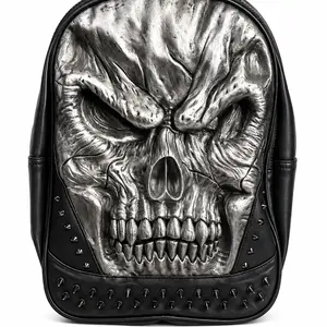 3D Silver Phantom Skull Gothic Backpack, Punk Rock Studded Bookbag SKU:3198