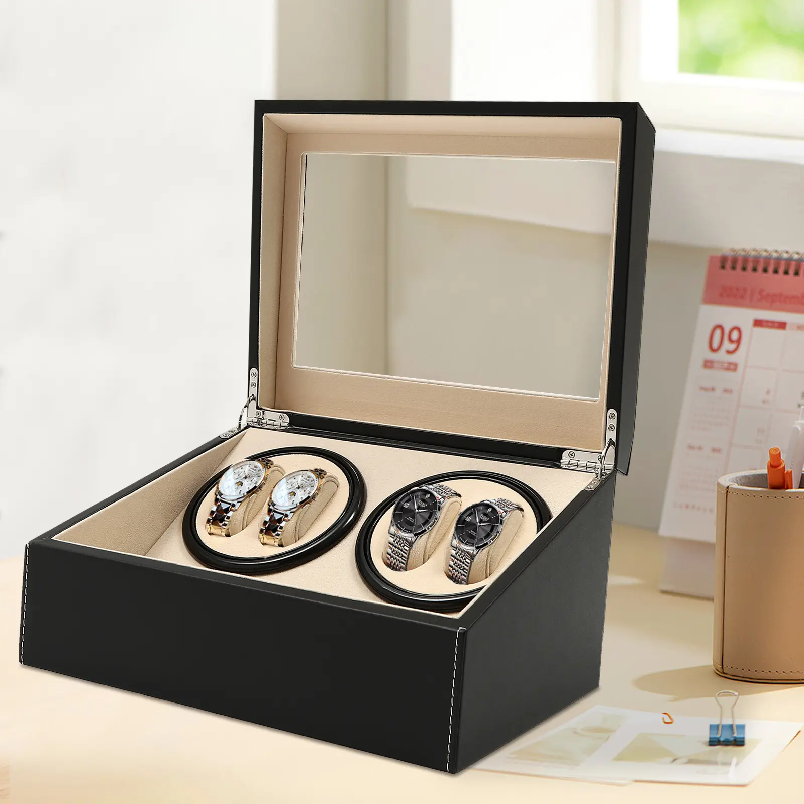 Luxury Modern 4-Rotor 10-Slot Tabletop Watch Winder Box - 10dB Silent Motor, Bidirectional Rotation, Automatic Winding, PU Interior, Glass Top, Men’s Mechanical Watch Dresser Storage, Home Organizer Gift