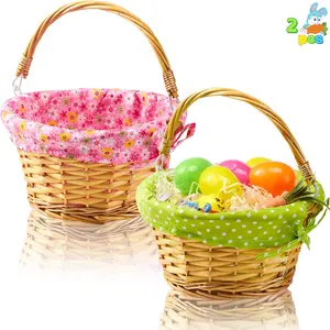 2 Pcs Easter Rattan Wicker Basket with Liner, Fruit Storage Serving Willow Woven Baskets with Handles, Empty Gift Basket for Kids Easter Egg Hunt & Picnic