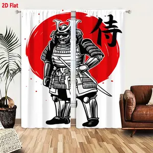 2D Flat 2 - Piece Japanese Samurai Themed Blackout Curtains, Traditional Armor U - shaped Crest Kanji Art Design, Red Circular Background with Brushstroke Dots, High Contrast for Bedroom/Living Room, Cultural Heritage Decorative Window Curtains