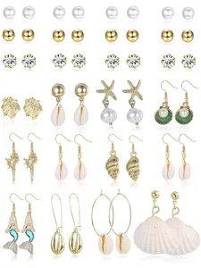 24 Pairs Colorful Boho Summer Earrings, Pearl Hoop Earrings for Unisex Trendy Stainless Steel Studs Dangles Natural Seashell Faux Pearl Shiny CZ Coastal Style