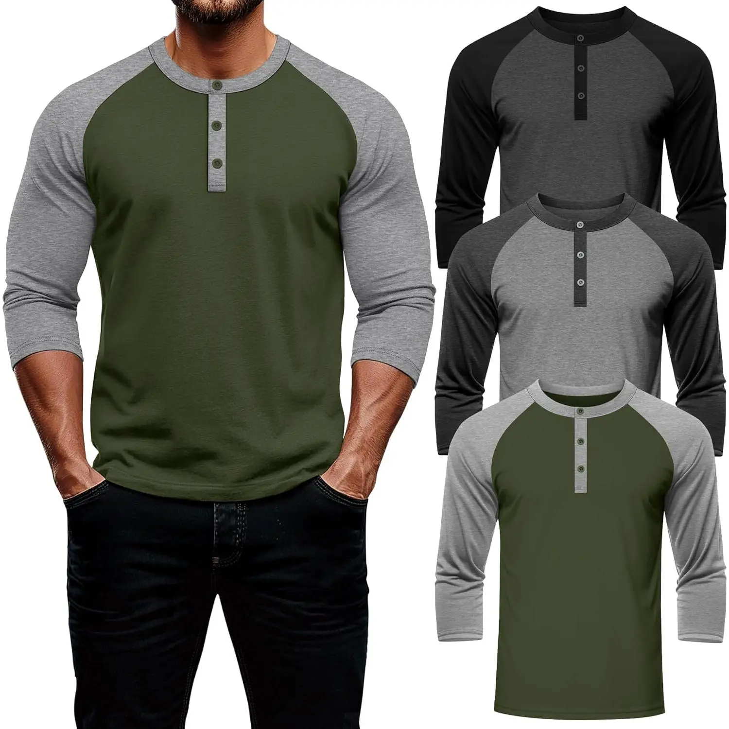 August Alley 3 Pack Men's 3/4 Sleeve Baseball Raglan T-Shirts S-3XL, Henley Tops Sport Athletic Jersey Tee Buttons Shirts