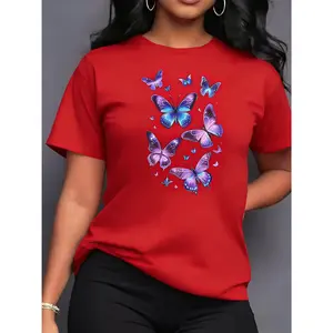 100% Cotton Women's Sports Butterfly Print Short Sleeve T-Shirt - Comfortable Crew Neck Top, Suitable for Gym, Training, and Casual Wear - Machine Washable All-Season Activewear, Non-See-Through Material