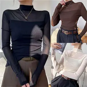 Women's Mesh Panel Tops - Slim Fit Half Turtle Neck Long Sleeve Shirts (Breathable Polyester for Office & Daily Wear)