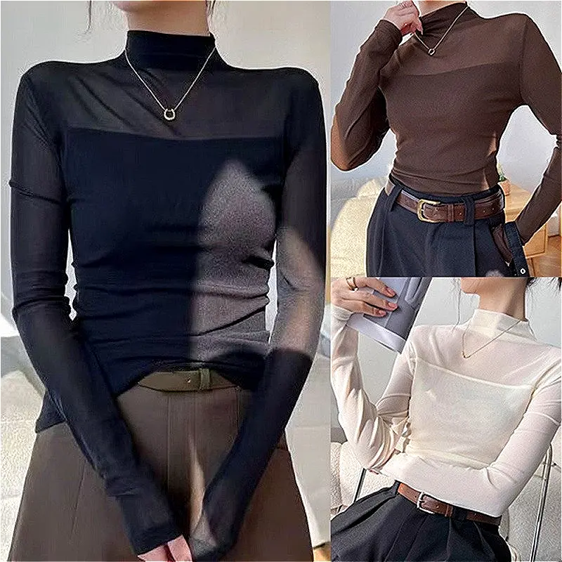 Women's Mesh Panel Tops - Slim Fit Half Turtle Neck Long Sleeve Shirts (Breathable Polyester for Office & Daily Wear)