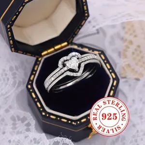 Sterling Silver 925, Dual Layered Heart Ring Set With Sparkling zirconia Luxurious & Elegant Style, Perfect For Weddings, Engagement, Parties, High-End Jewelry, Valentine's Gift For Women (No Box)