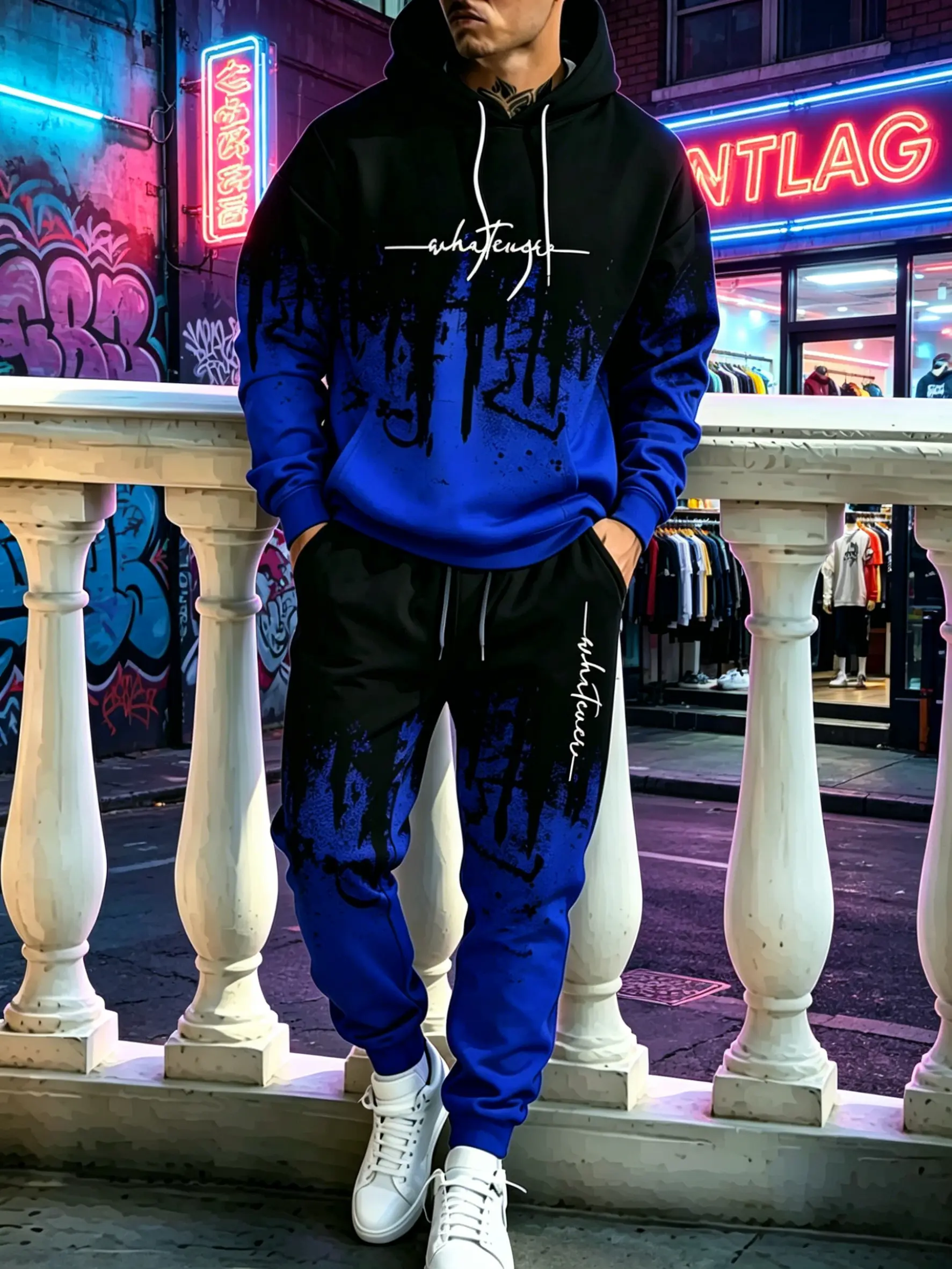 Men’s 2026 Fall/Winter New Two-Piece Activewear Set: Gradient 3D Digital Print Hooded Sweatshirt and Jogging Pants