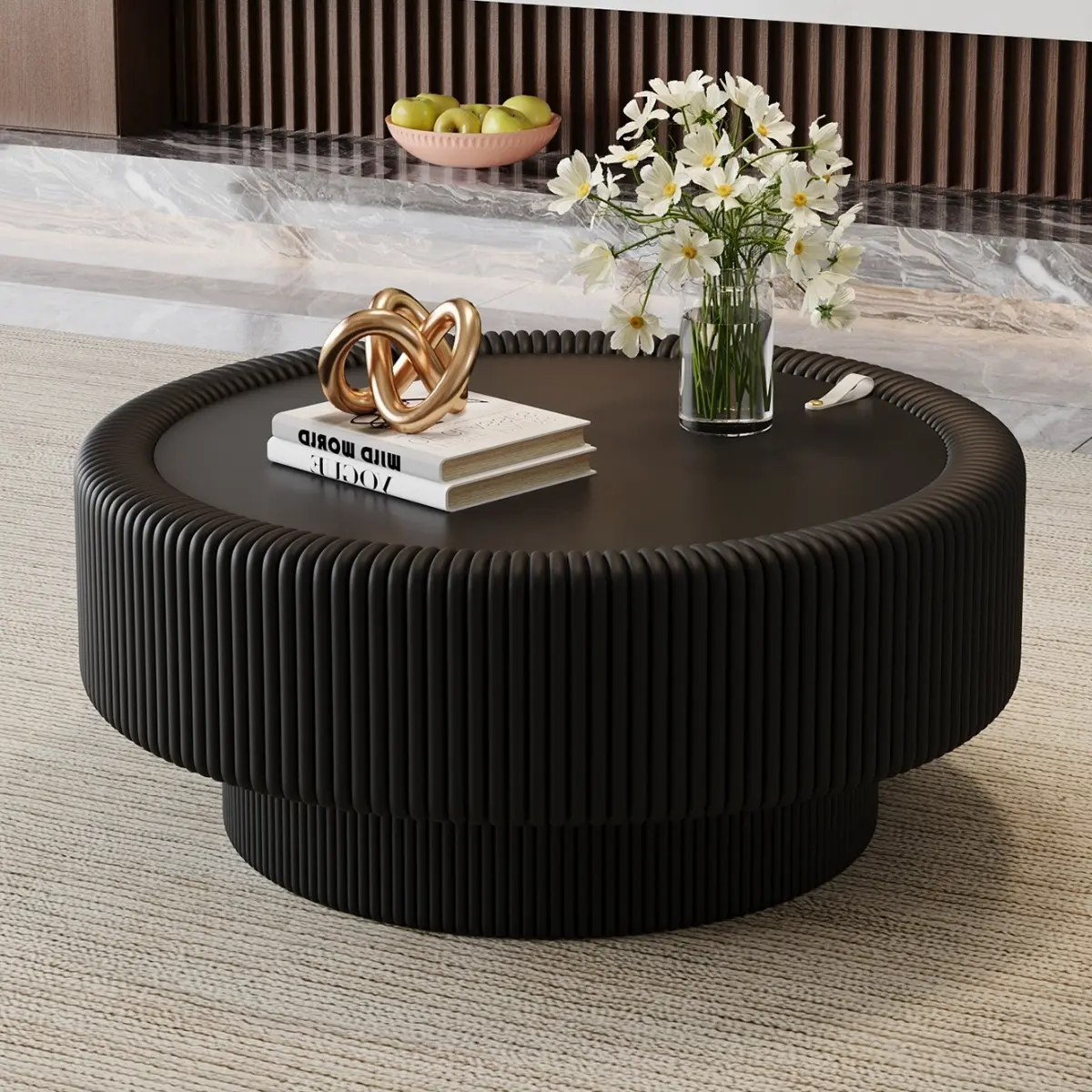 [Bellemave] 31.5" Fluted Round Storage Coffee Table - Tempered Glass Top & Premium Leather Wrapped, Modern Black Coffee Table with Hidden Storage for Living Room