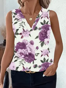Plus Size Peony Floral V Neck Sleeveless Vest, Loose Fit Casual Fashion Top, European Style, Chic, All over Print, Daily Wear