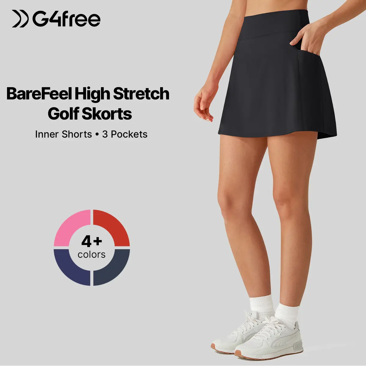 G4Free Women's BareFeel High Stretch Athletic Golf Skorts - 15" A-Line Workout Tennis Skorts with Inner Shorts, 3-Pocket Plain Pocket Skirts, Lightweight Casual Skirts for Summer
