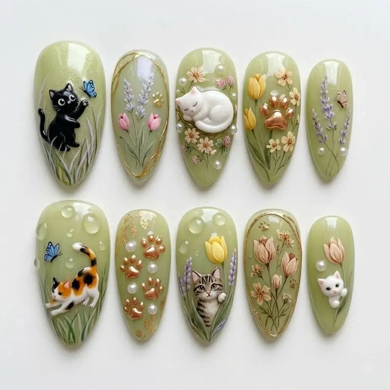 Cute Cat Press On Nails 3D Kawaii Kitten Nails Olive Green Floral Nails Botanical Garden
