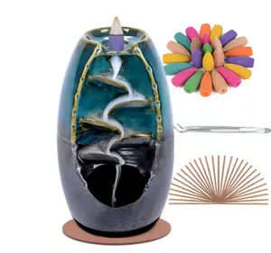 Ceramic Backflow Incense Holder and Burner Waterfall, with 120 Backflow Incense Cones + 30 Incense Stick, Aromatherapy Ornament Home Decor, Blue Set