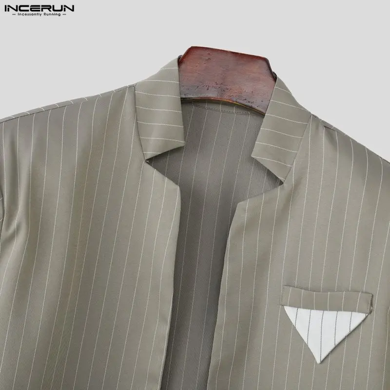 INCERUN Men's Pinstripe 2-Piece Set Cropped Blazer & High Waist Wide Leg Pants Suit