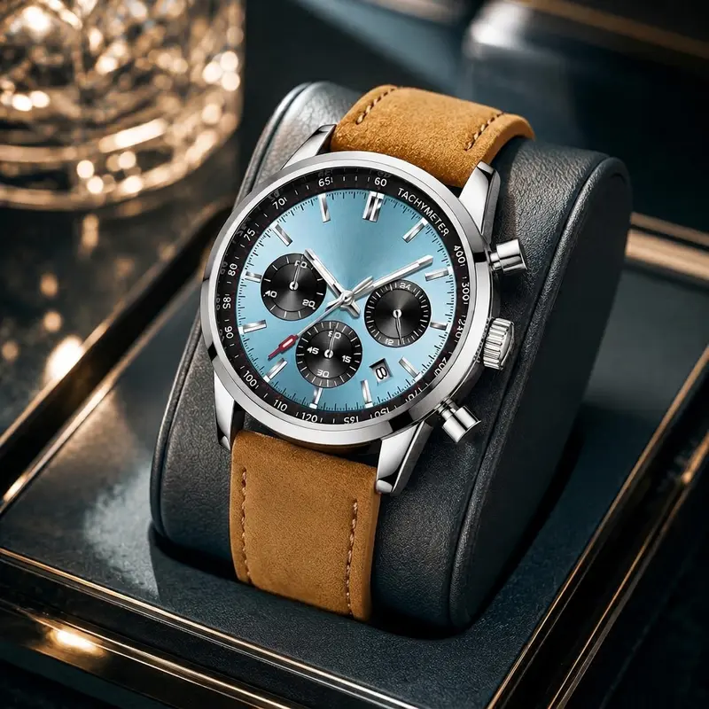Men’s Chronograph Quartz Watch, Genuine Suede Leather Strap Racing Wrist Watch, 30M Water Resistant Tachymeter Sports Watch for Men
