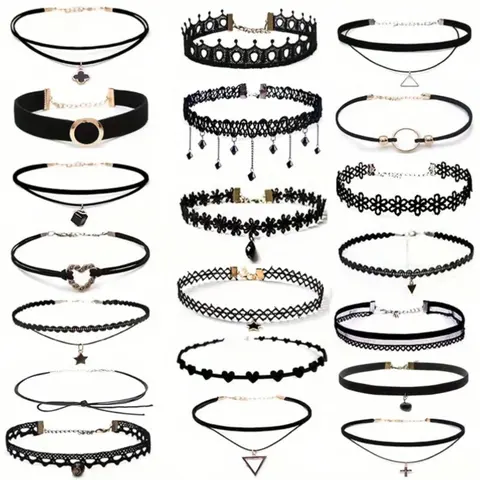 20pcs Gothic Chain Necklace Choker Set, Stretchy Lace Costume Necklaces for Women, Perfect for Parties, Costume & Holiday Gifts, Gothic Jewelry