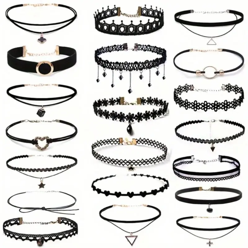 20pcs Gothic Chain Necklace Choker Set, Stretchy Lace Costume Necklaces for Women, Perfect for Parties, Costume & Holiday Gifts, Gothic Jewelry