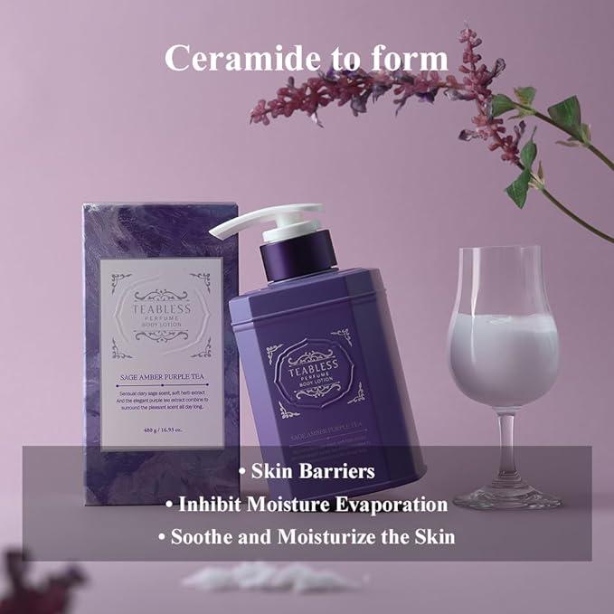 TEABLESS Perfume Body Lotion Sage Amber Scent, Herbal Ceramides, Anthocyanins,Soothe&Moisturize the skin. 16.9Fl Oz 480g