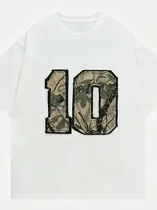 Camouflage Patch Number 10 Short Sleeve T-Shirt, American Vintage Style, Loose Drop Shoulder, Distressed Hem, Youth Student, Daily Wear
