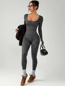 Women's Seamless Leopard Print Long Sleeve U-Neck Jumpsuit, Fitness Yoga Sportswear, Casual Women's Sports Clothing, Workout Jumpsuit
