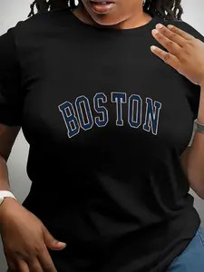 Women's Oversized Boston Print T-Shirt - Soft Breathable 95% Polyester/5% Spandex, Casual Athletic Fit with Blue BOSTON Logo, Beige & Navy Short Sleeve Top for Gym, Training, Casual Attire - Boston-Themed Apparel