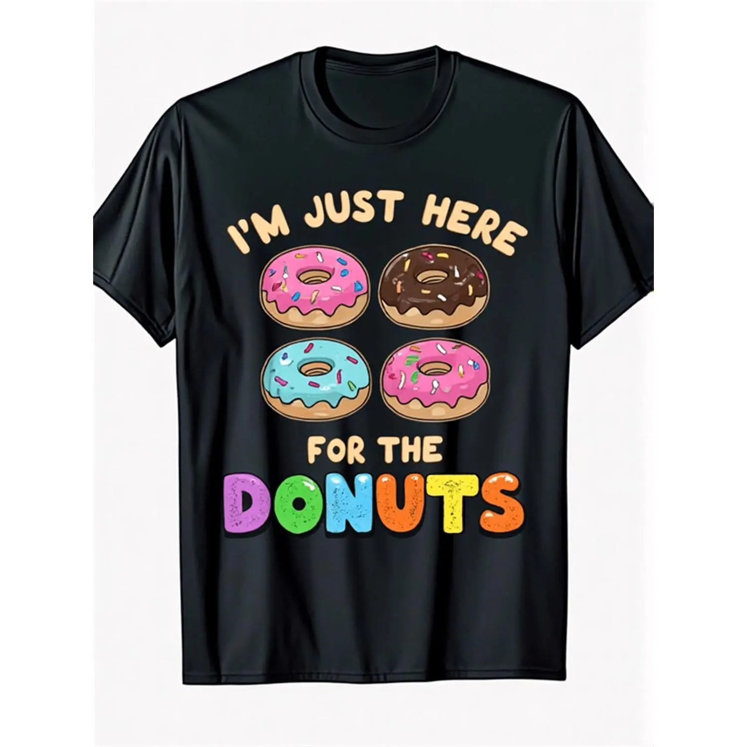 Men's Funny "I'm Here Just for Donuts" T-Shirt - Soft Breathable Crew Neck Short Sleeve Tee with Colorful Donut Print, Humorous Casual Apparel Suitable for All Seasons, Machine Washable Gift for Donut Lovers