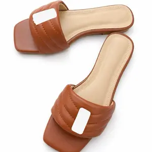 Liz Brown Quilted Sandals with White Square Detail Comfortable Slip-On Shoes for Women