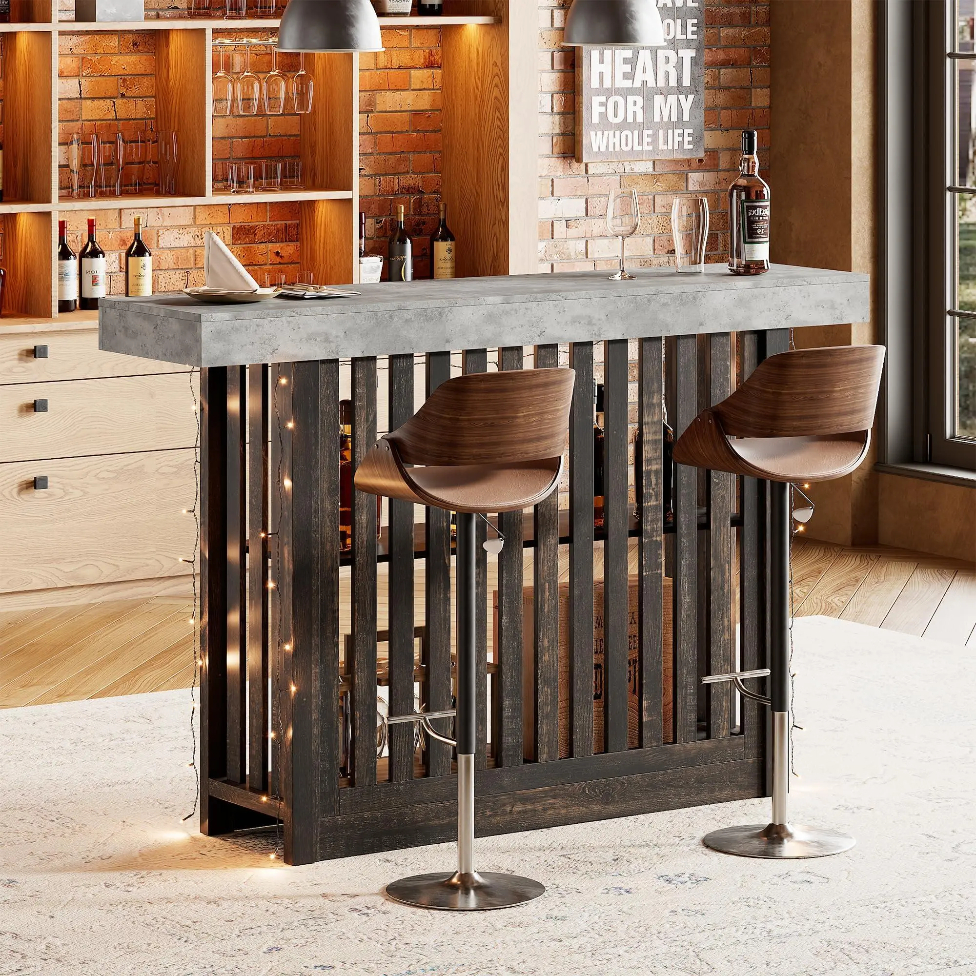 GARVEE Bar Table- for 4-8 People, 63" Long Counter Bar Height Pub Table with 2 Tier Storage Shelves, Modern Home Coffee Breakfast Bar Unit for Dining Room, Bistro, Living Room, Gray+Brown
