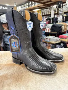 "WILD WEST" Men's Boots Wide Square Lizard Teju Black Lether Sole