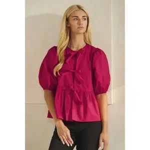 Plus Solid Cotton Poplin Front Tie Ribbon Blouse