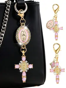Diamond pink cross sparkling keychain, pearl and diamond charm - cross keychain, bag charm, cross pendant, decorative wallet and backpack accessory, earphone case accessory, luggage and car ring buckle decorative keychain Premium Keychain