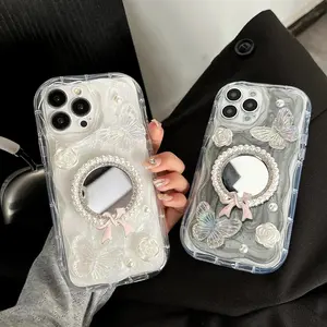 Butterfly & Rhinestone Decor Phone Case with Mirror, 1 Count Fashion Phone Protective Cover, Phone Accessories Compatible with iPhone 16 15 14 13 12 11 Pro Max