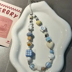 Ins style white teddy bear cartoon love cat scratch mobile phone chain CCD camera pendant anti loss hanging rope Phone Charms Phone Lanyard