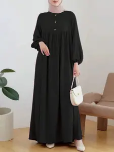 Elegant Women's Casual Round Neck Bubble Sleeve Dress, Modest Style Dress, Loose Fit Woven Fabric, All Season Fashion, Moderate Stretch, Fitted Style