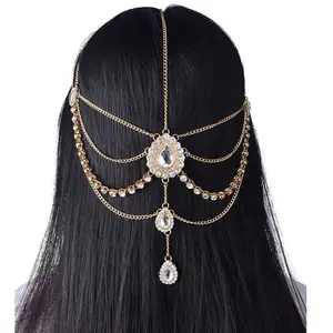 Handmade Full Diamond Hair Accessories Hair Hoop Exaggerated Ethnic Style Water Drop Gem Tassel Bridal Hair Band