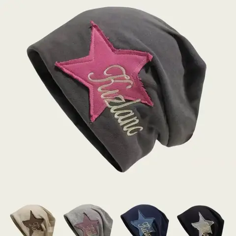 Unisex Fitted Star Patched Letter Embroidery Knit Hat - Beanies, Machine Washable, Casual, Trendy, Versatile, Ideal for Daily Wear, Fashion Accessory, Gifting Option