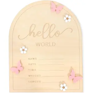 Hello World  Sign -  Announcement Board,  Butterfly Birth Announcement, Daisy Wooden Milestone Card, Welcome