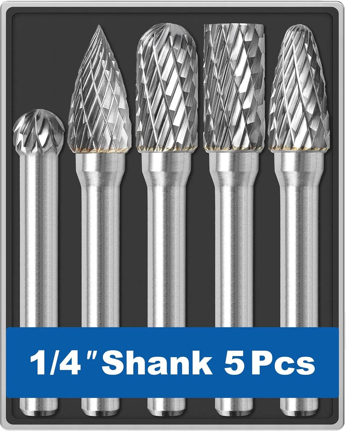 5 Pcs Aggressive Double Cut Carbide Burr Set, 1/4 in Shank, 8mm Head Dia, Transparent Box Storage, Ingersoll Rand Die Grinder Bits for Rotary Tools - Carbide Accessories for Contouring, Chamfering, Concrete Shaving