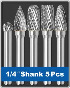 5Pcs Carbide Burr Set 1/4 Shank w/Clear Box Head Dia 8mm Die Grinder Bits Rotary Tools Attachment Kit Rasp File Accessories Metal Wood Stone Steel Grinding Deburring Cutting Porting Carving