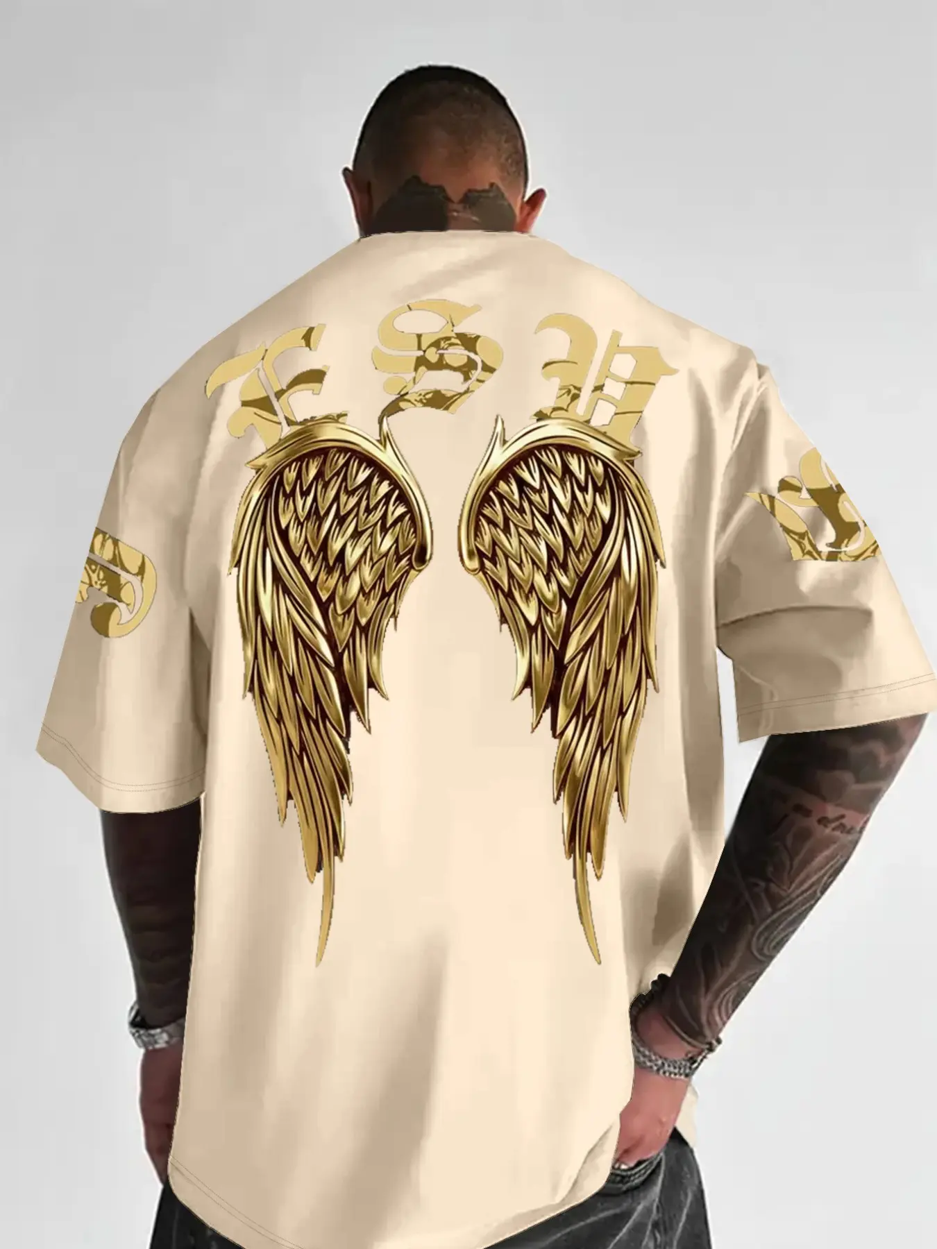Men's Gold Angel Wing Print Short Sleeve Long T-Shirt, Menswear, Metallic Texture and Religious Elements, Fashion Luxurious Visual Style, Loose-Fitting Streetwear