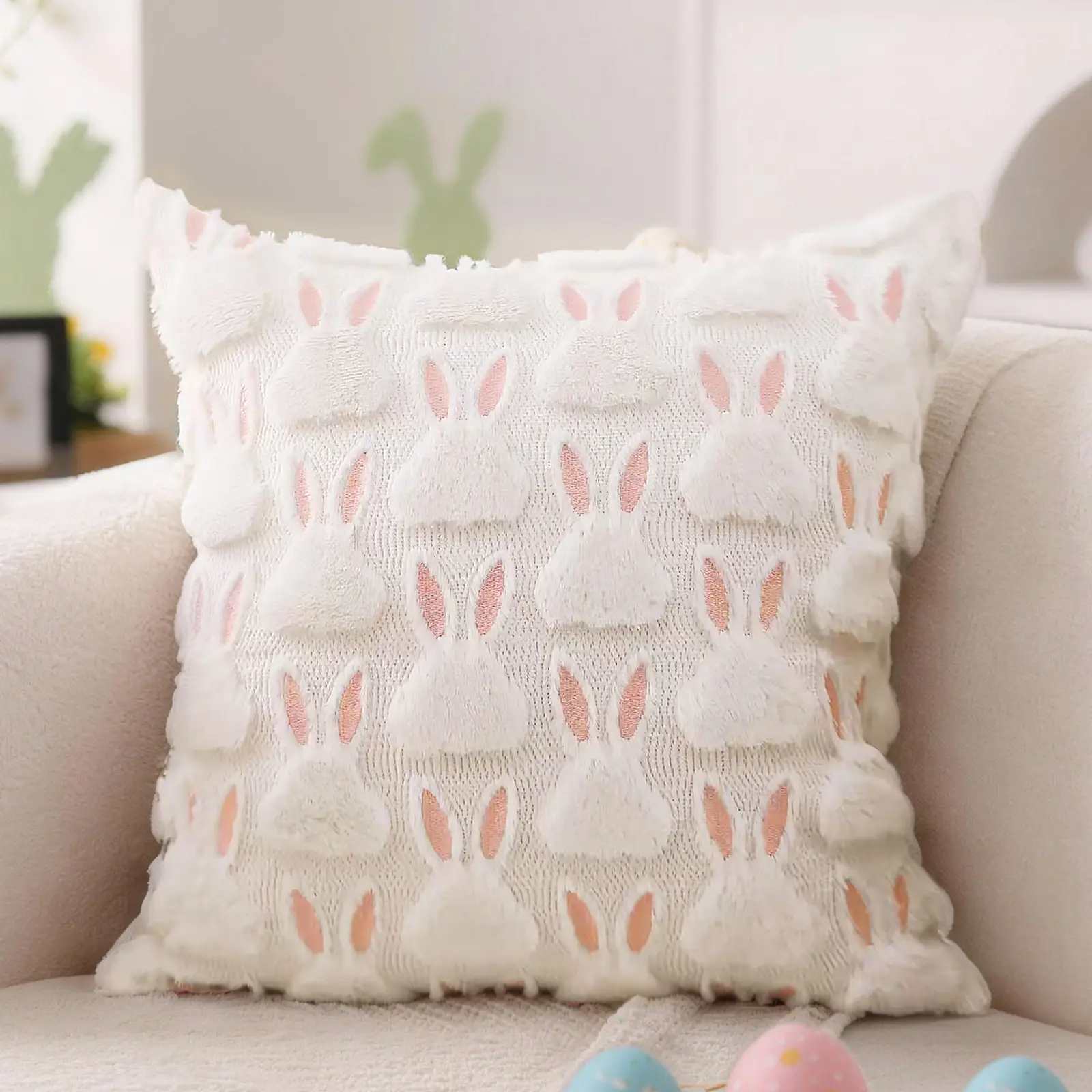 18x18 in Soft Plush Faux Fur Jacquard Pillowcase Set of 2, Pink Ears Rabbit Motif Cushion Cover with Soft Texture & Festive Look, Ideal for Holiday Decor & Home Gifting