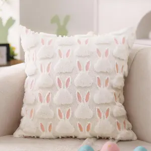 Pillowcase 18x18 inch Two-piece set, pink ears and white rabbit pattern, soft plush faux fur jacquard pillow. Suitable for bedrooms, sofas, holiday and home décor, Easter, Mother's Day, holiday supplies, and gifts.
