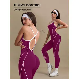 1 piece seamless color-blocked women's yoga jumpsuit, with a large open back and cross-shoulder straps for a beautiful back design, a stylish, simple, versatile, casual, tight-fitting jumpsuit, suitable for women's fitness, yoga, and daily leisure