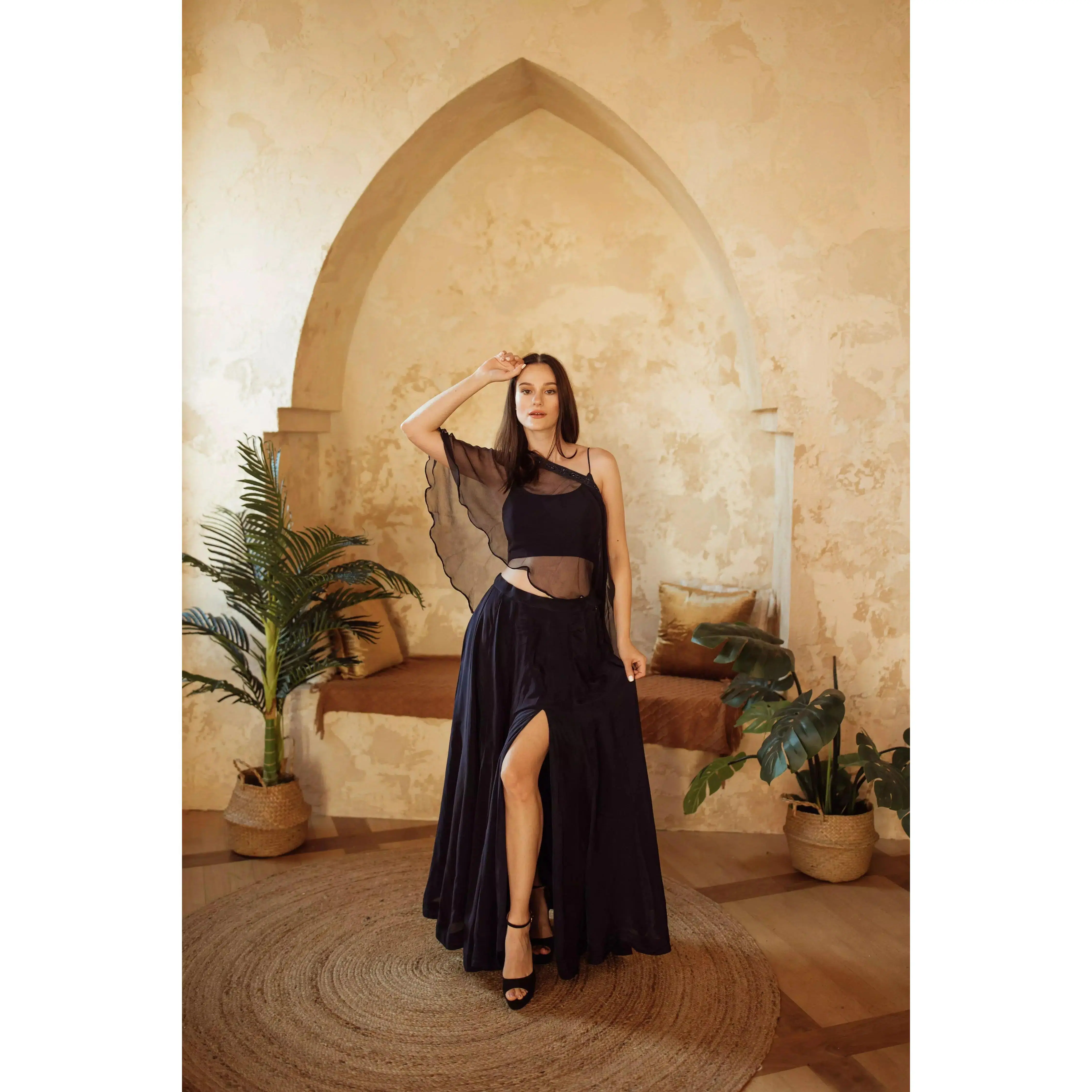 Arely Navy Lehenga with Slit and Ruffle Dupatta
