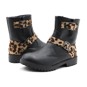 Women's Fashion & Outdoor Wear Ankle Boots Western Style Motorcycle Combat Boots with Leopard Buckles Wide Calf Round Toe Low Chunky Block Heel Side Zipper Footwear Fashion Riding Boots Outdoor Shoes