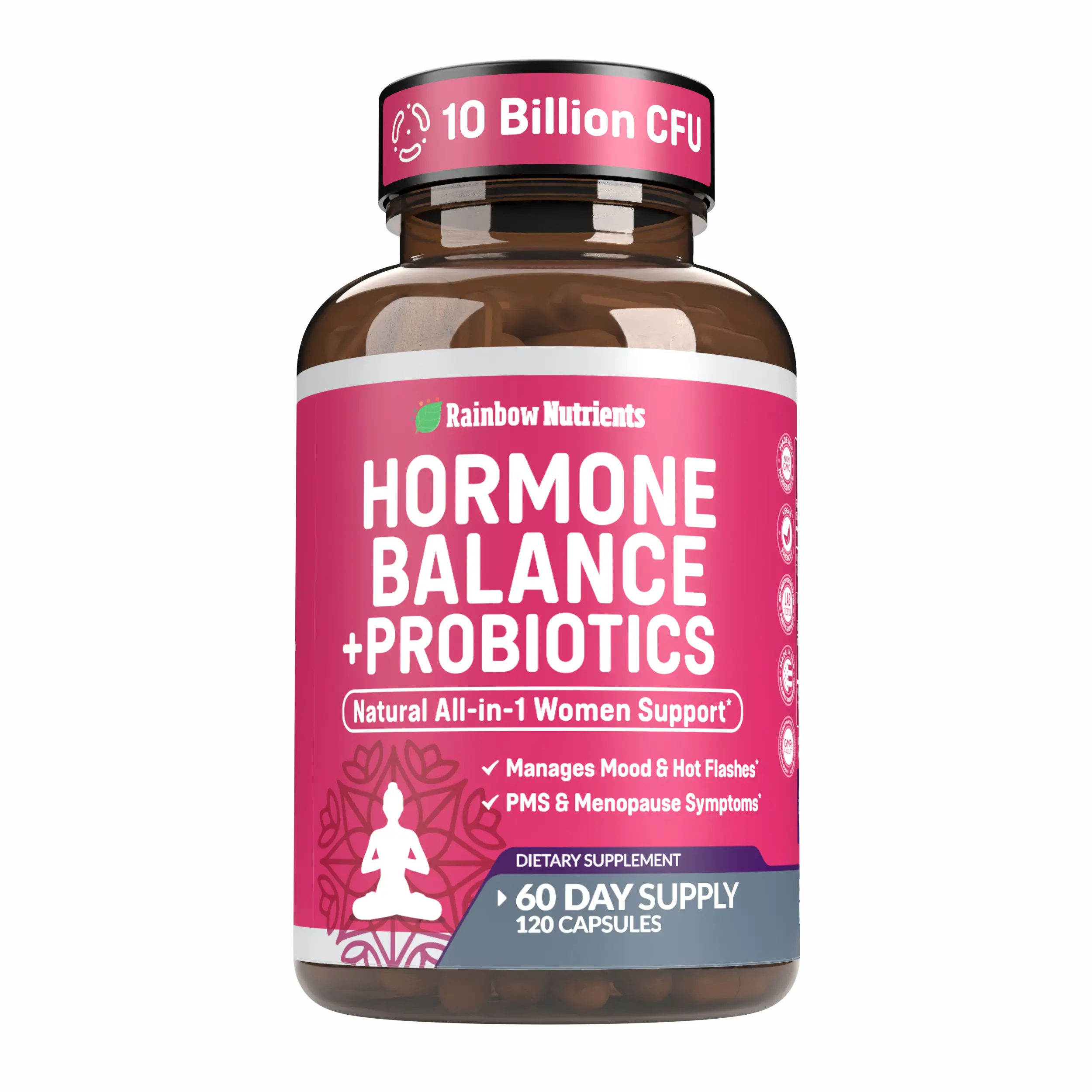 Rainbow Nutrients Women's Balance + Probiotics 10B CFU Vegan Capsules - Lab Tested, All-in-1 Supplement for Daily, pH, Flora, Hormonal Health - Mood Boost, Digestive Health, Energy Balance Support - 120 Count, Non-GMO, All-Natural