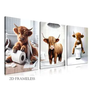3-Piece Set, Fun Highland Cow Wall Art Set, Rustic Farmhouse-Style Bathroom Cow-Themed Wall Decor, Cute Brown Cow Animal Canvas Posters, Suitable for Bathrooms, Toilets, and Home Decor, Frameless